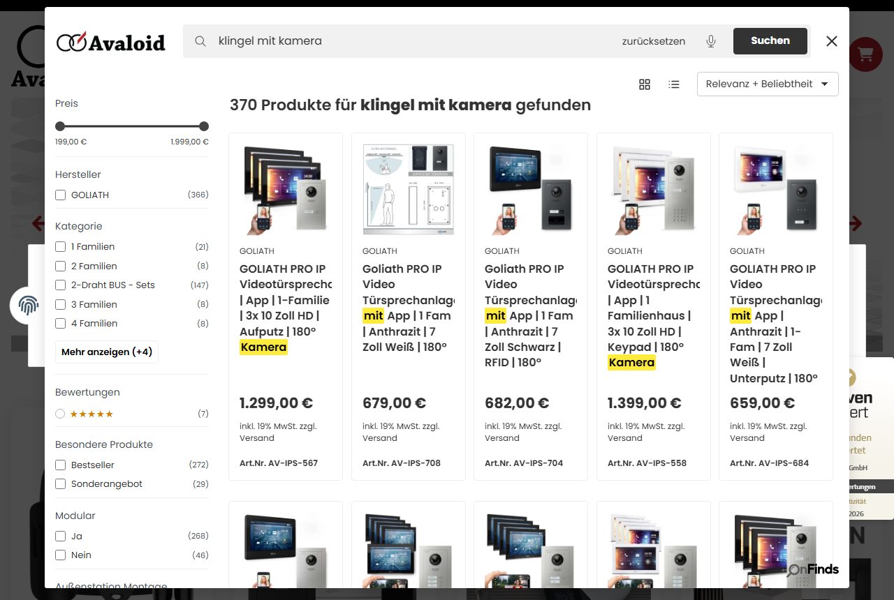 OnFinds bei Avaloid: Die Suche „klingel mit kamera“ findet 370 Video-Türsprechanlagen