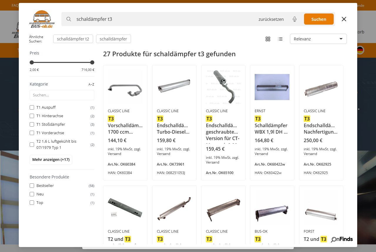 OnFinds bei BUS-ok: Die Suche „schaldämpfer t3“ mit Tippfehler findet 27 Schalldämpfer