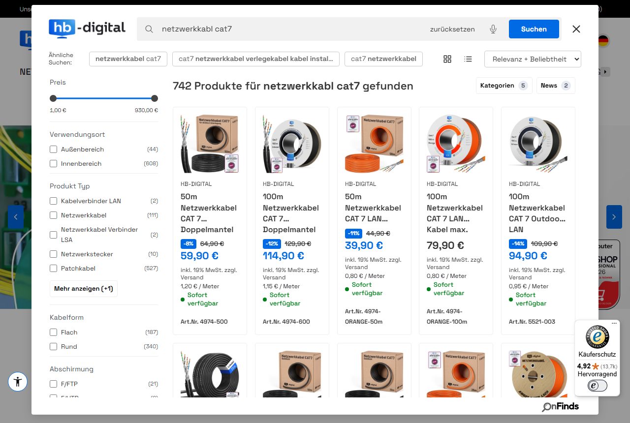 OnFinds bei HB-Digital: Die Suche „netzwerkkabl cat7“ mit Tippfehler findet 742 Netzwerkkabel